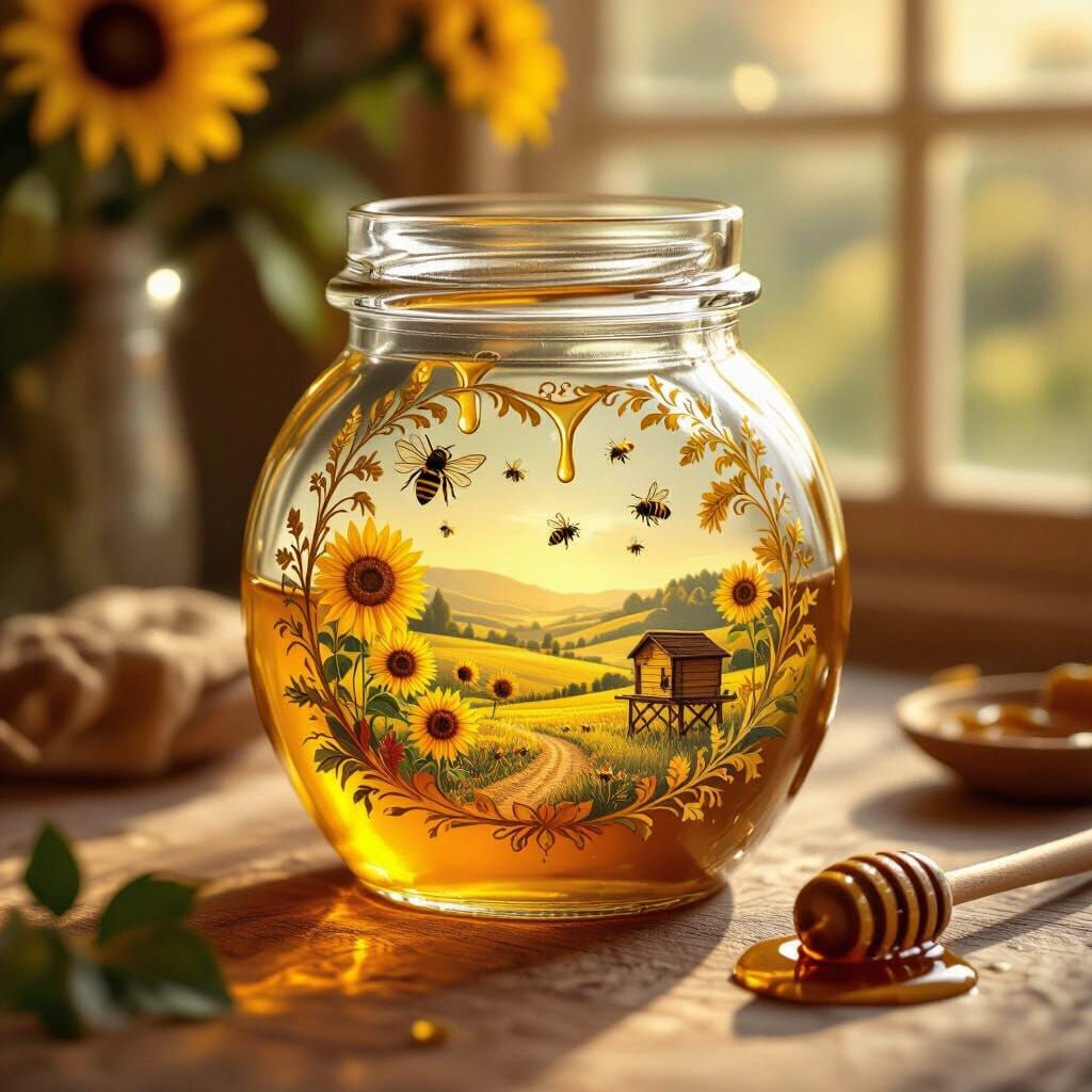 Honey Jar with Miniature Countryside, Art Nouveau Style