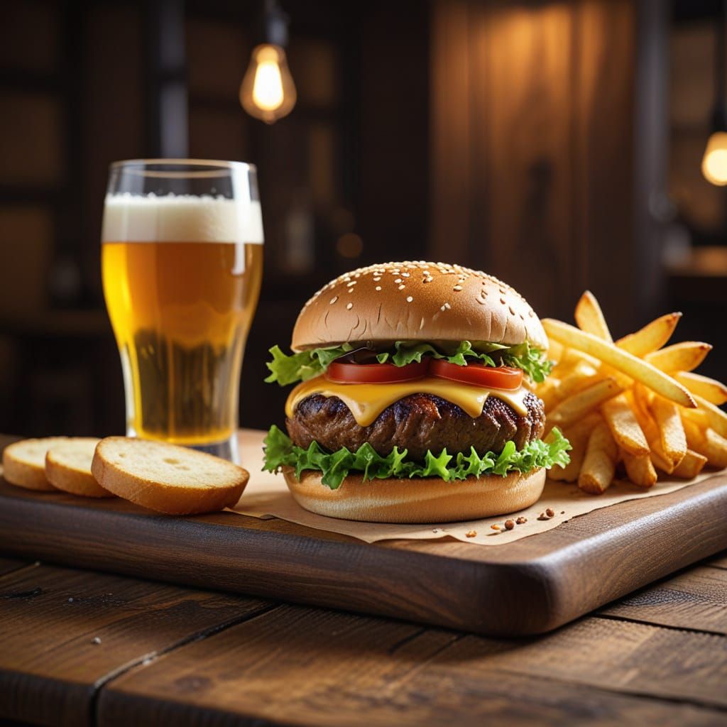 Golden Hour Burger Feast on Warm Wooden Counter