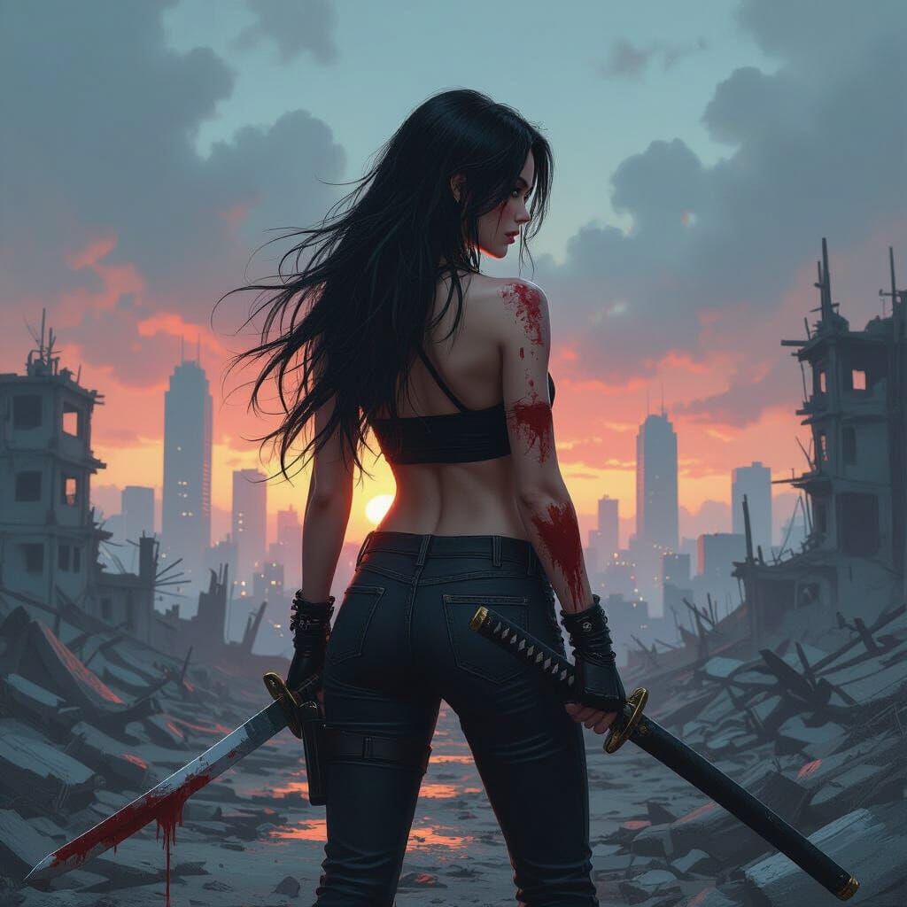 Demon with Katana in Ruined City, Gritty Art