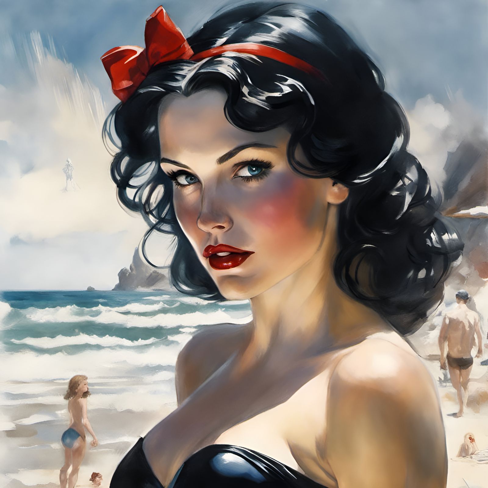 Snow White on the Beach, Renaissance Pin-Up Art