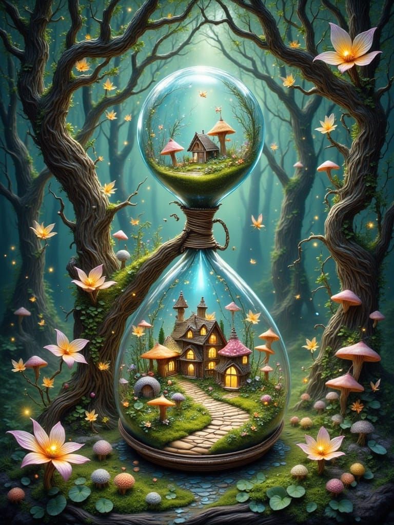Whimsical Fairy Forest in Glass Hourglass: Concept Art