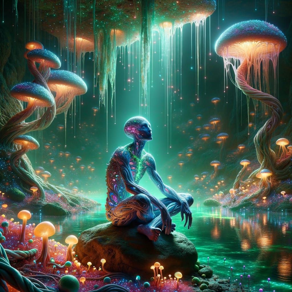 Alien by Iridescent Pond with Glowing Fungi