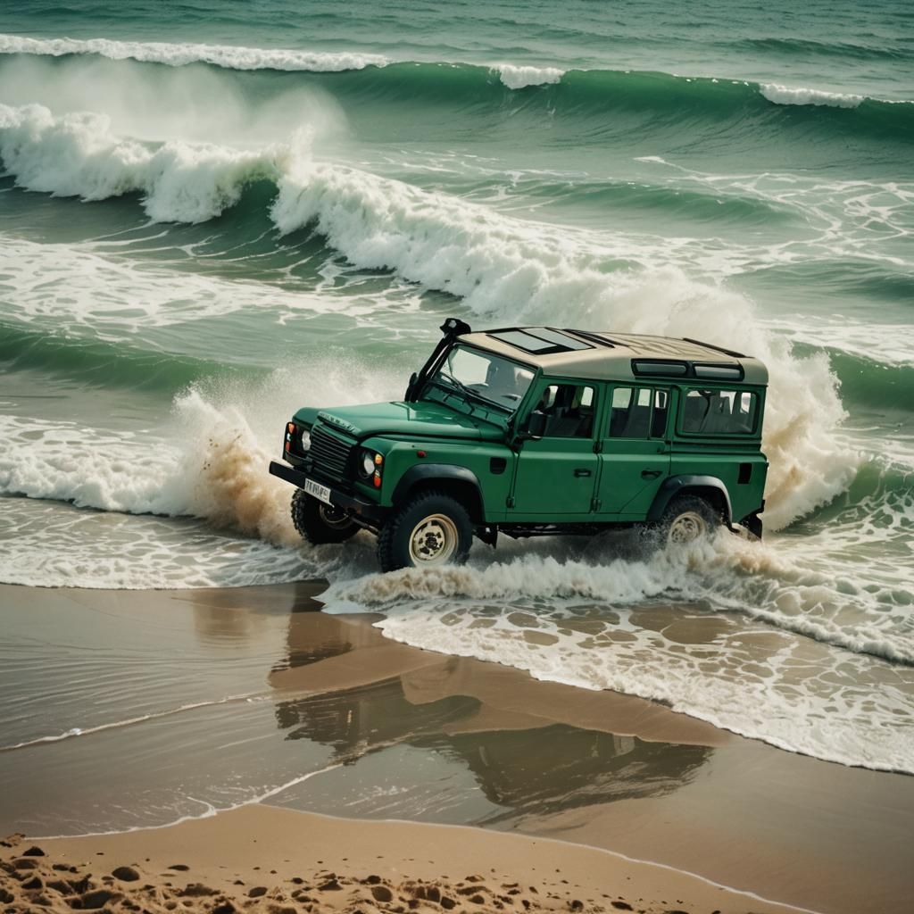 Land Rover Defender on Tel Aviv Beach: Retro Film Photograph...
