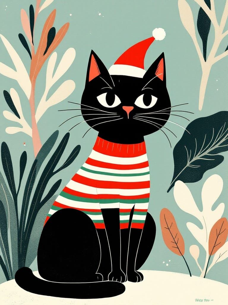 Vibrant Christmas Cat in Stylish Vintage Print