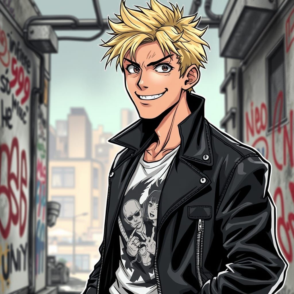 Manga-Style Man with Blond Hair and Leather Jacket