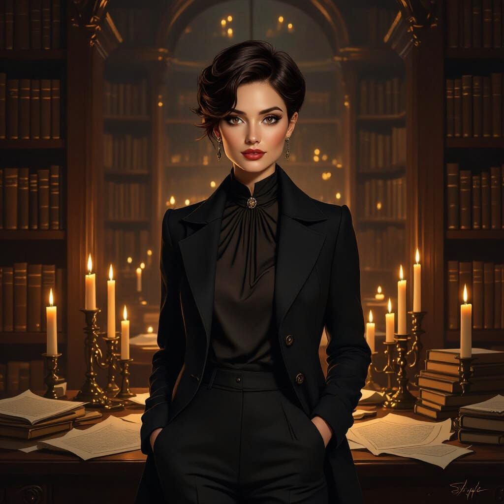 Elegant Woman in Library: Semi-Realistic Digital Painting
