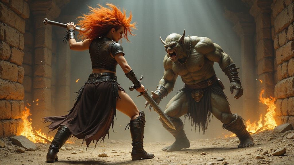 Female Warrior Confronts Orc in Tomb