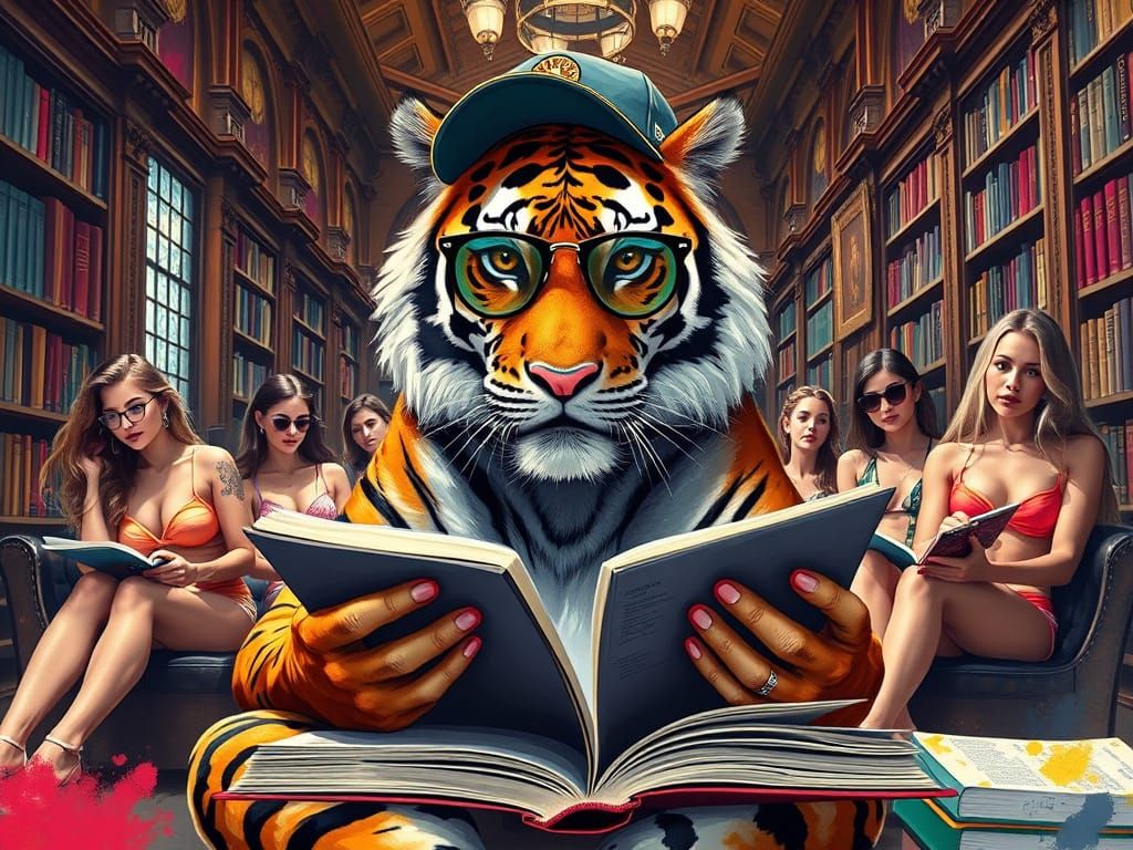 Tiger Student in Library, Hyperrealistic Digital Art