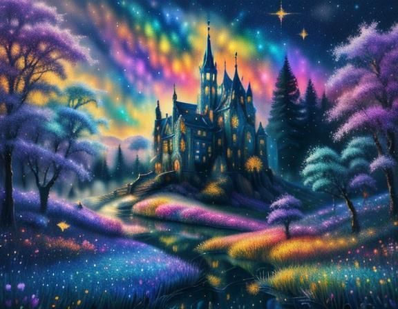 Prismatic Castle Shines in Vibrant Oil Painting