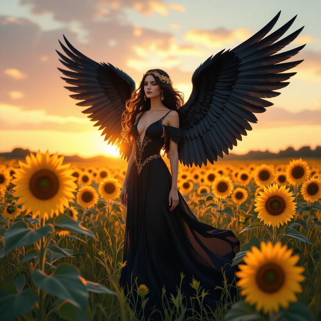 Majestic Black Angel in Sunflower Field, Alphonse Mucha Styl...