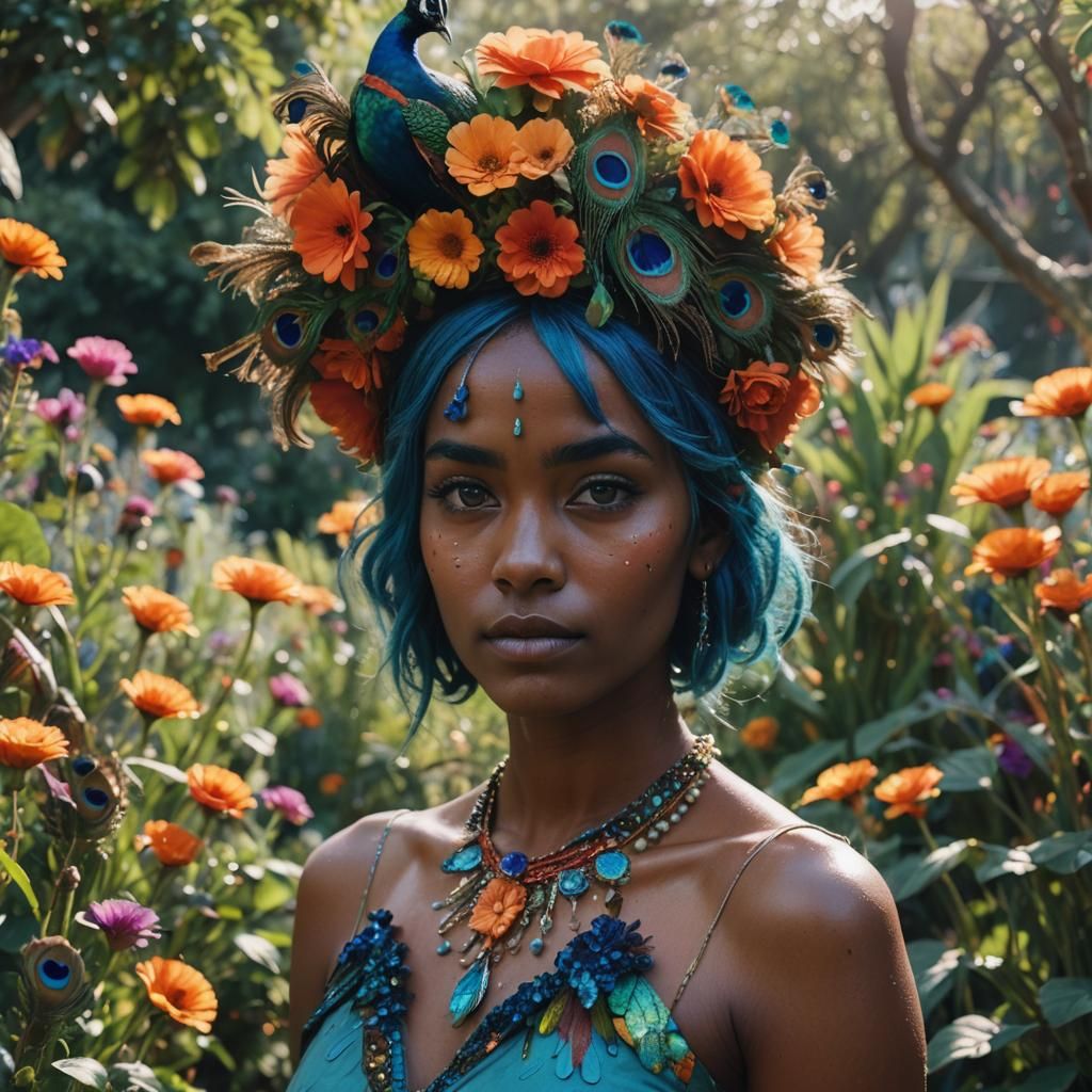 Peacock Woman in Colorful Garden: Cinematic Still
