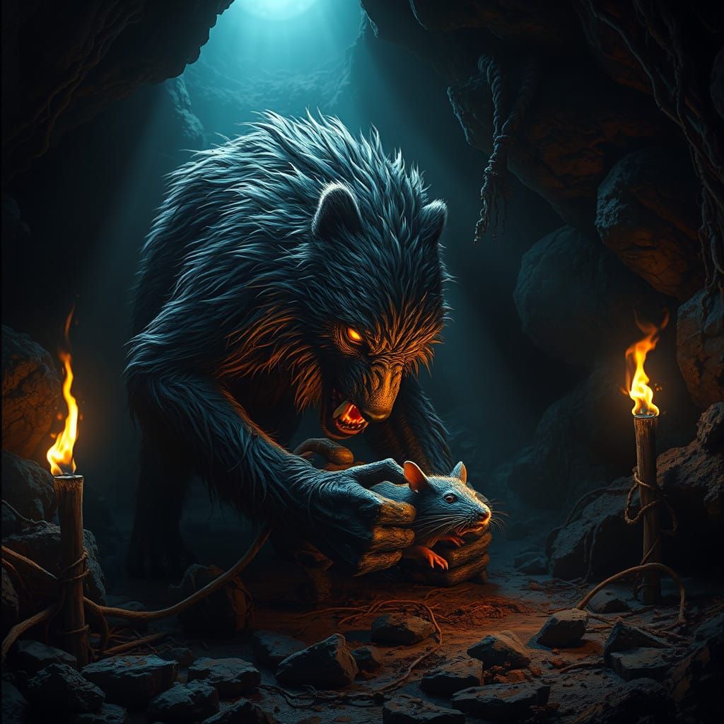 Grizzled Werewolf Consumes Rat in Flickering Cave