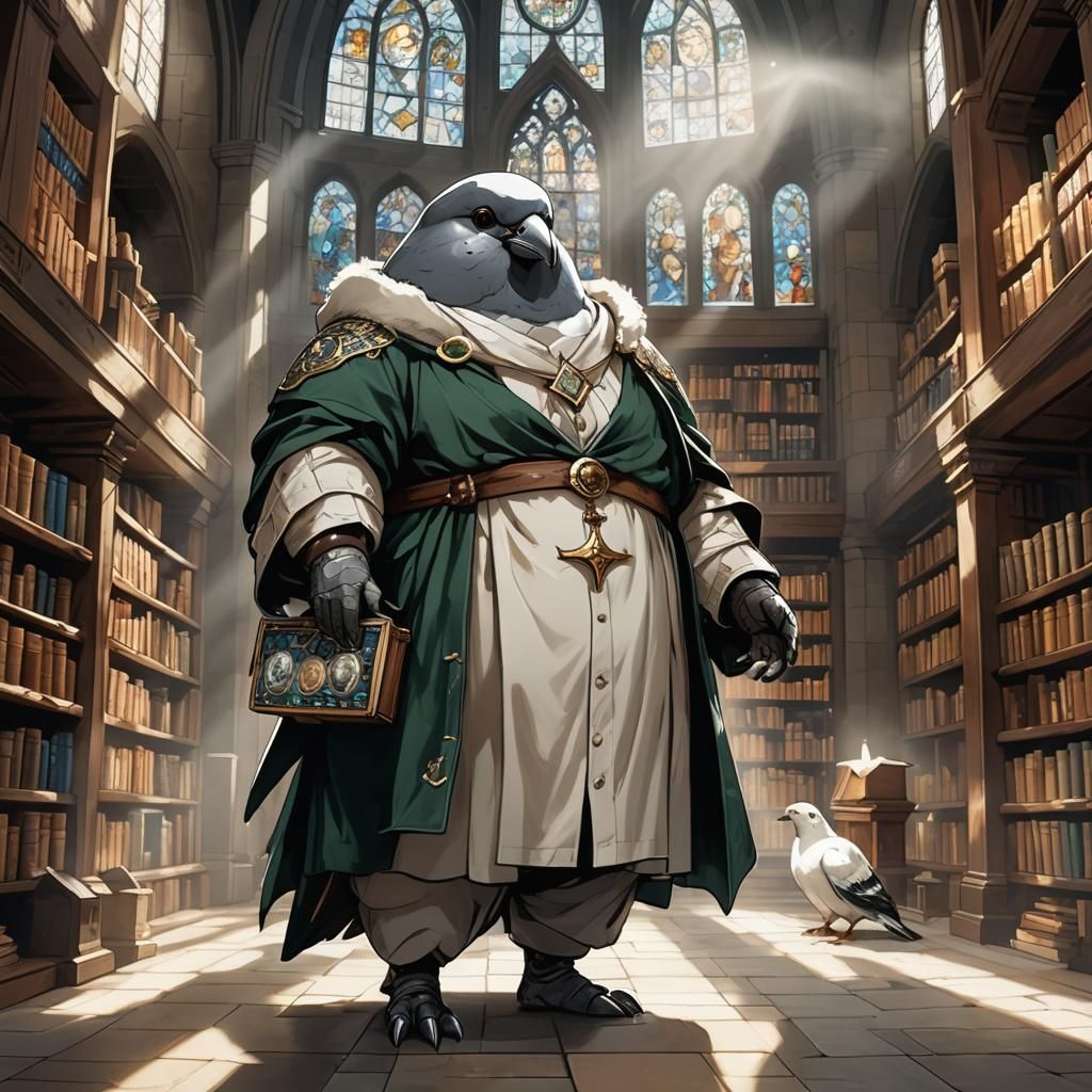 Anthropomorphic Pigeon Scholar in Magical Library