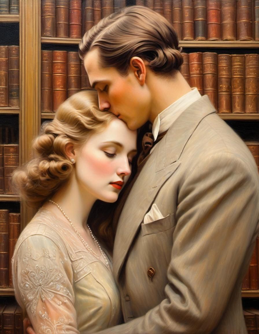 Romantic 1930s Couple in Dreamy Oil Painting