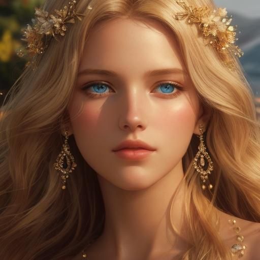 Aphrodite the goddess has Ethereal beauty Long blonde hair, very Beautiful light ocean blue eyes and flawless futures an...