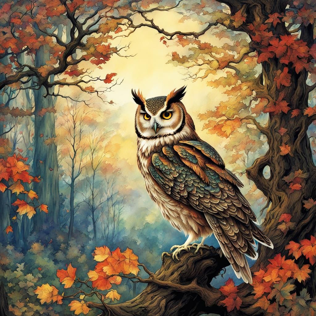 Fairytale Owl in Arthur Rackham Anime Style