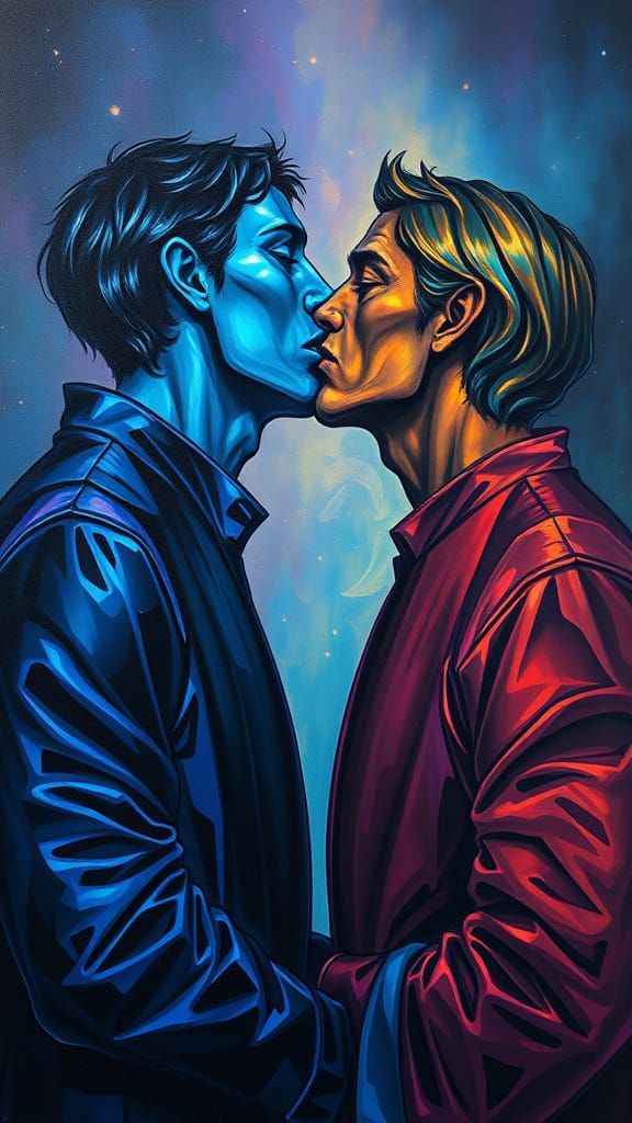 2 Men Kissing  Moebius contrasting colors deep color detaile...