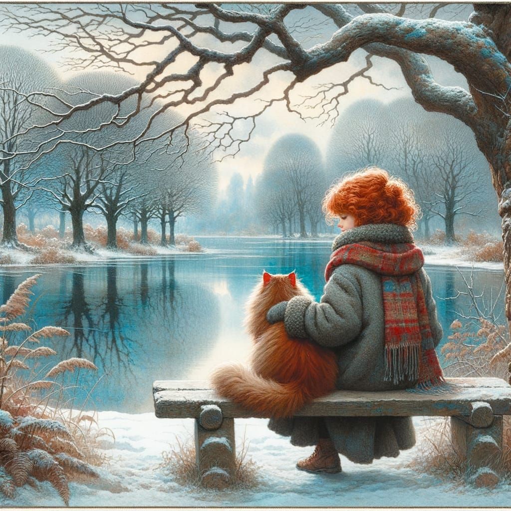 Girl and Red Cat in Serene Winter Watercolor Painting