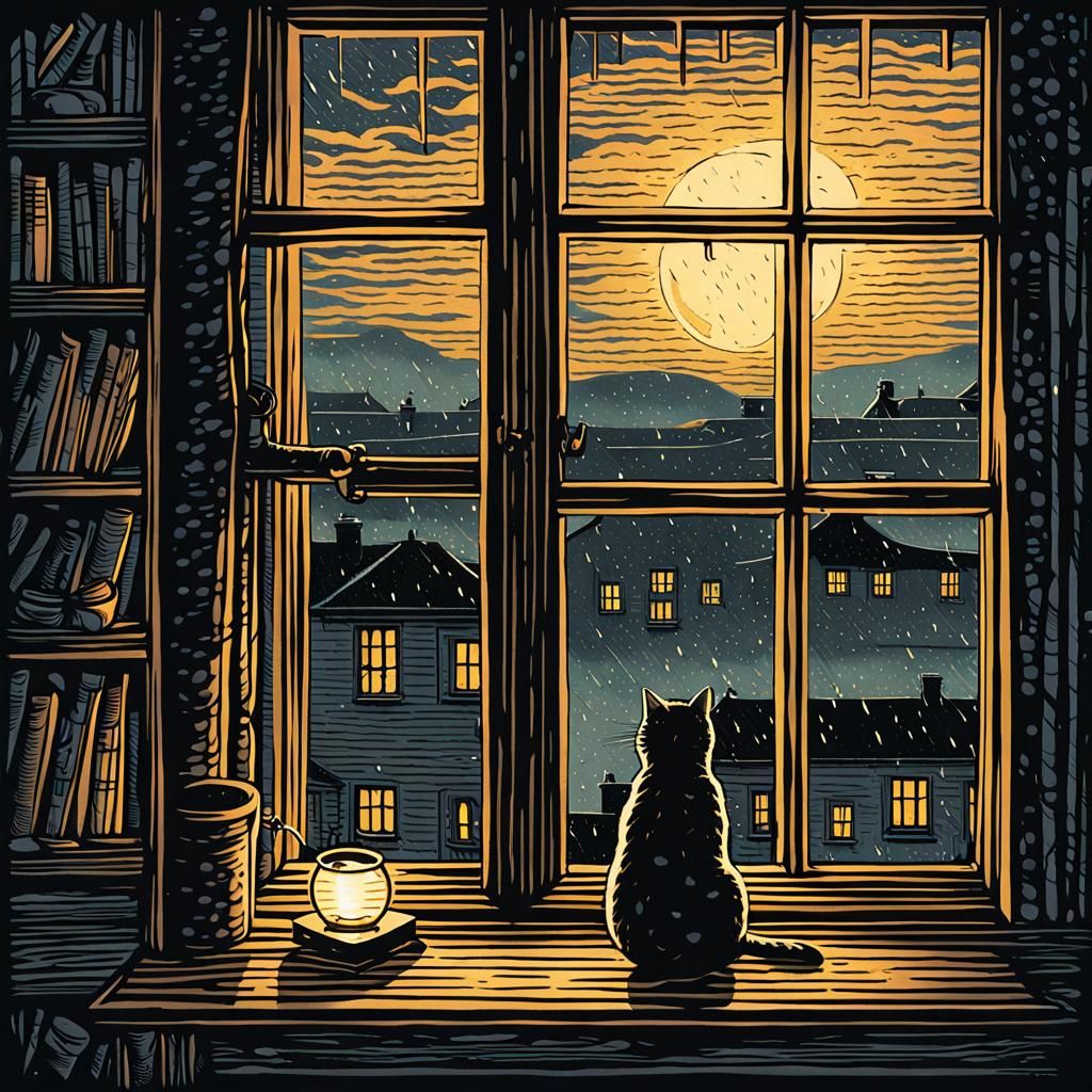 Cozy Room with Cat in Woodcut Style