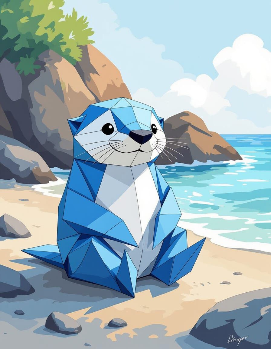 Blue Origami Sea Otter on Coastal Rocks