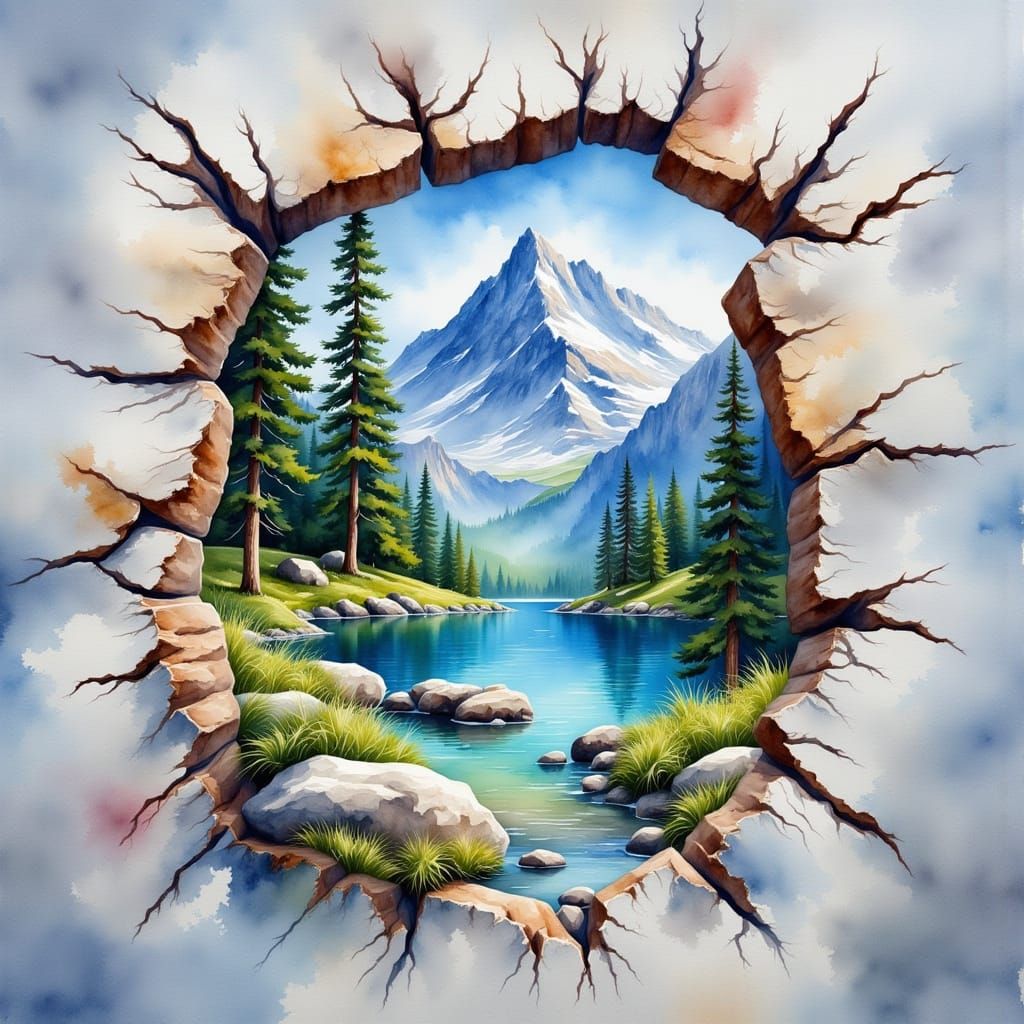 Landscape Through Cracked Wall in Watercolor Style