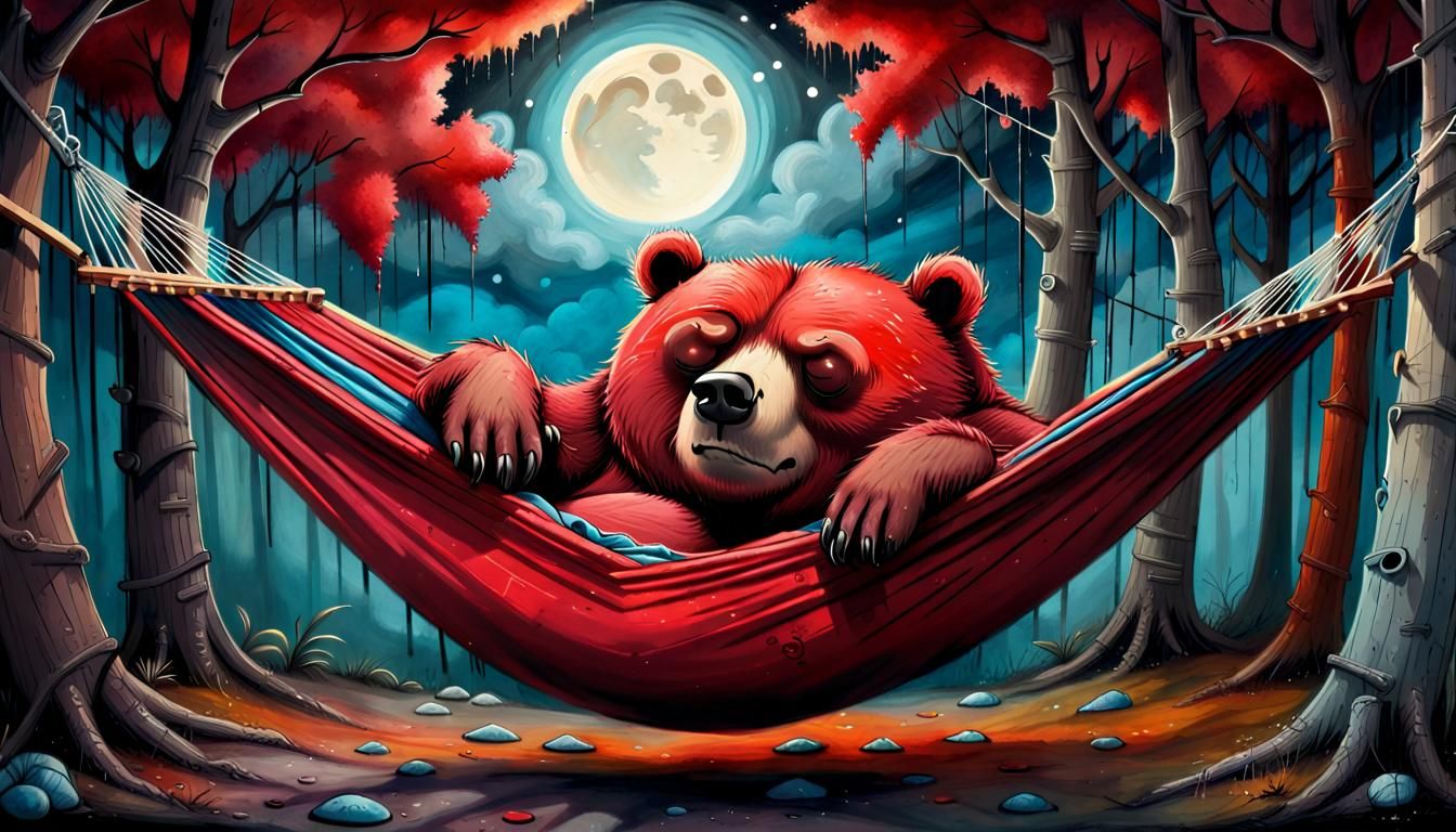 Vibrant Red Bear Slumbers in Street Art-Inspired Hammock Sce...