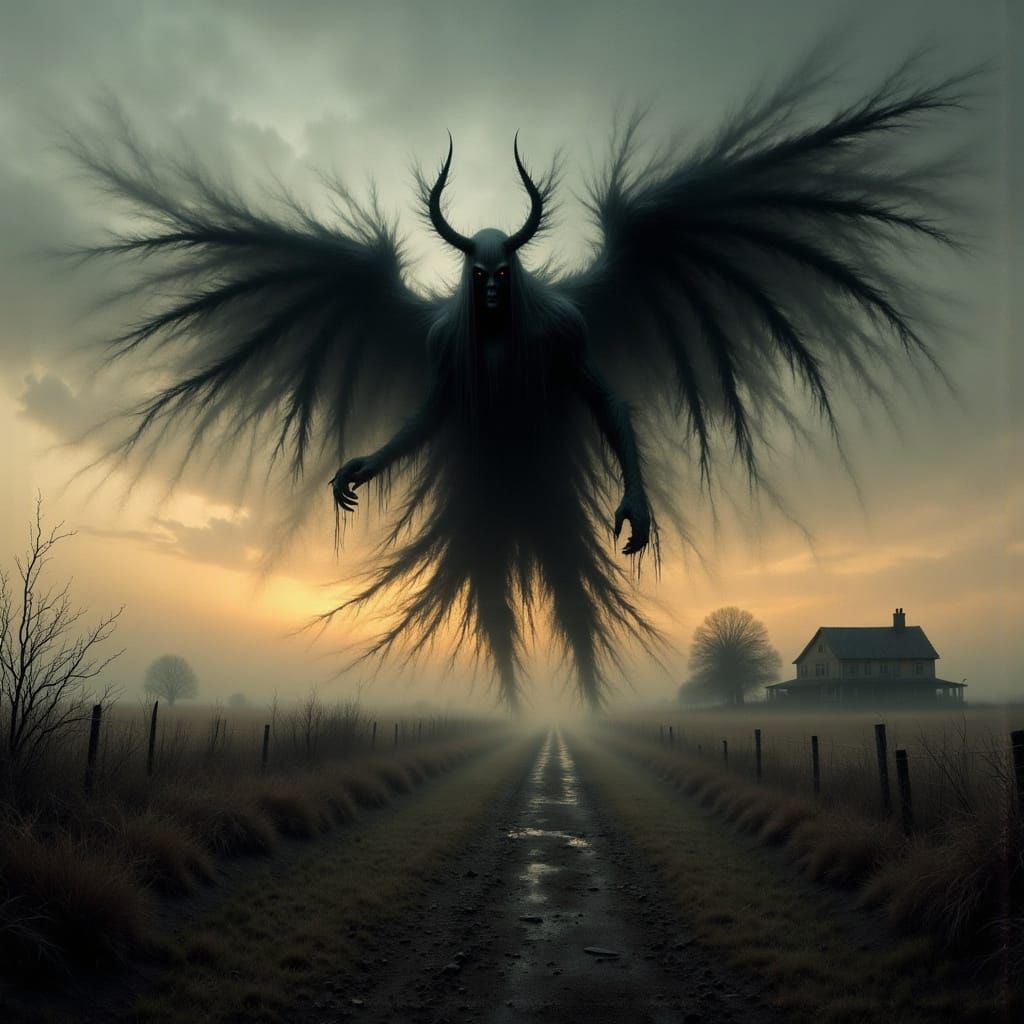 Ominous Shadow Demon Flying Over Farmland at Dusk