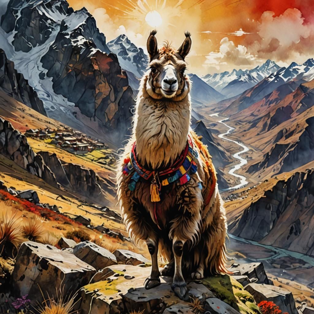 Lama Portrait in Peruvian Mountains: Ink and Watercolor Styl...