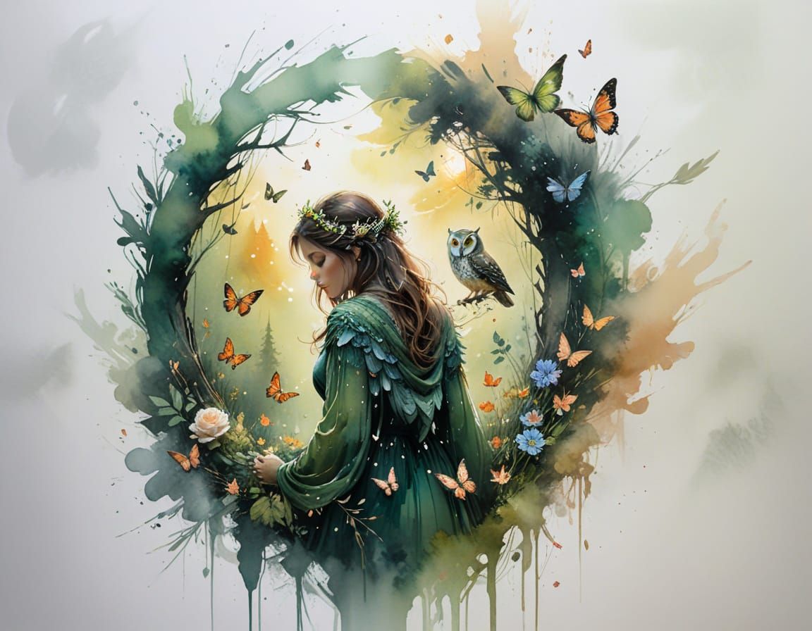 Enchanted Forest Clearing: Woman, Owl, and Glowing Butterfli...