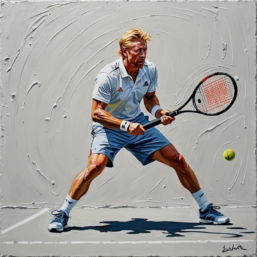 Tennis Player in Action: Impasto Painting in Hokusai Style