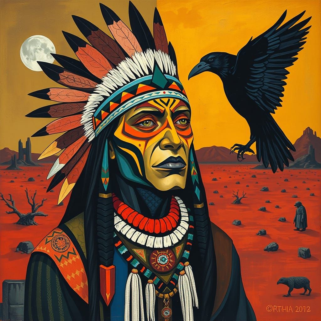 Native American Shaman Summons Raven in Alien Wasteland