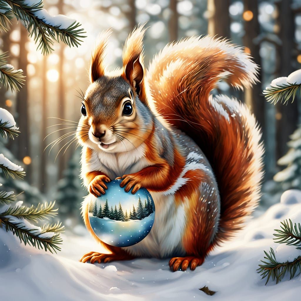 Cute Squirrel in Winter Forest with Christmas Bauble