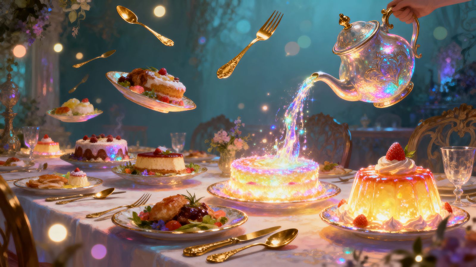 Enchanted Banquet with Levitating Feasts and Glowing Dessert...