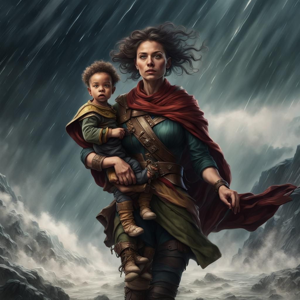 Fantasy Ranger Protects Child in Storm: Detailed Matte Paint...
