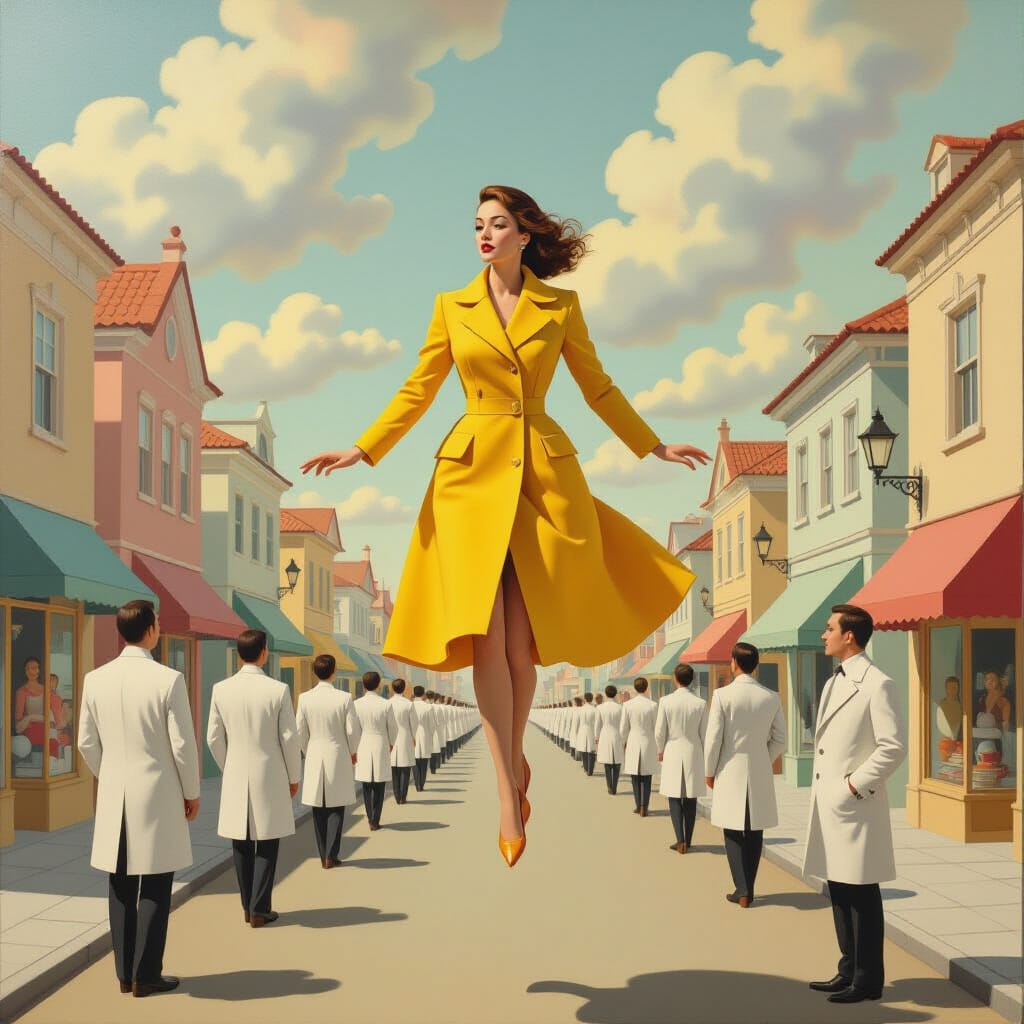 Surreal Woman Soars Above Dreamlike City in Dalí Style