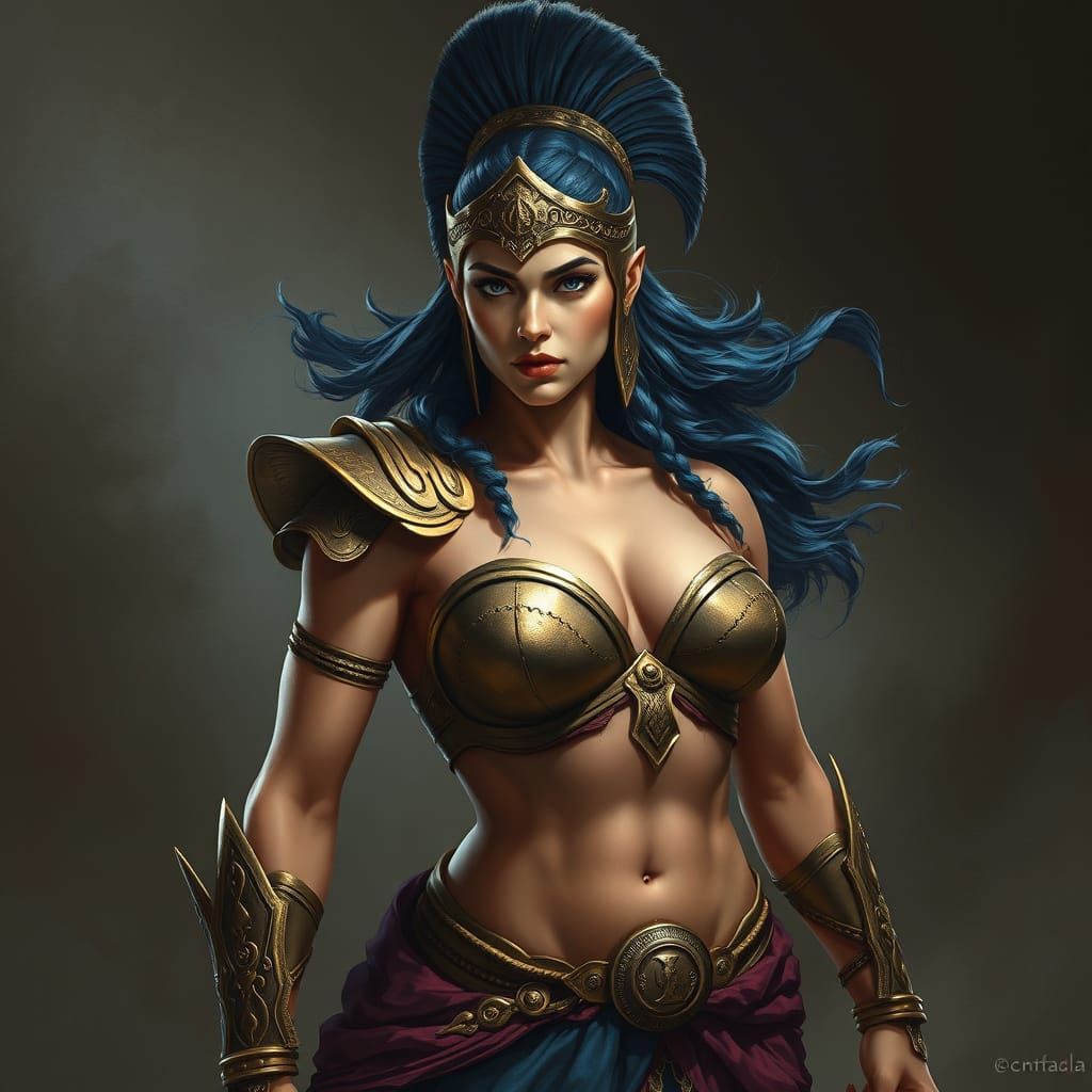 Spartan Warrior Woman in Ancient Greek Armor with Long Spira...