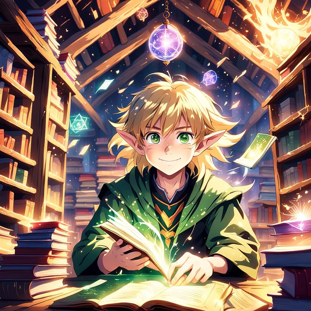 Enchanted Elf Reading in Magical Anime Library