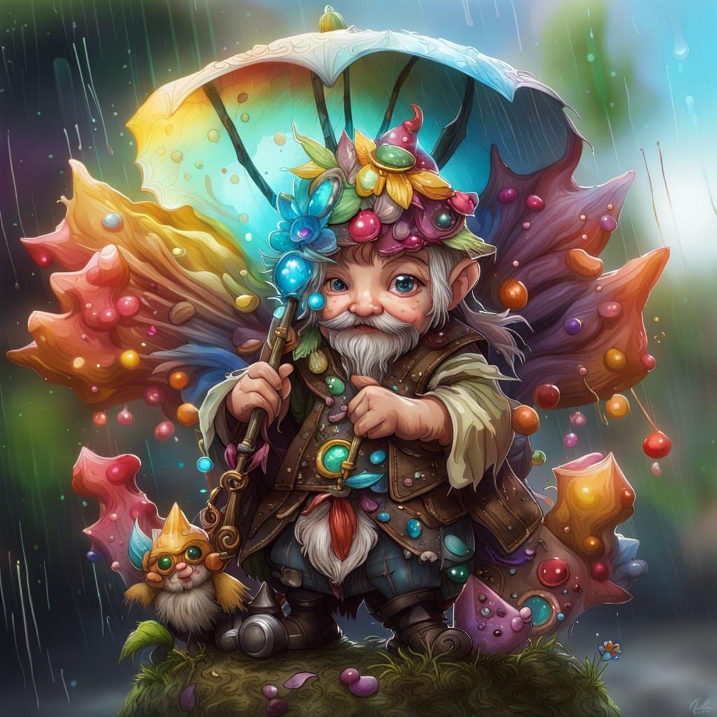Colorful Gnome in Rainy Sky, Digital Art