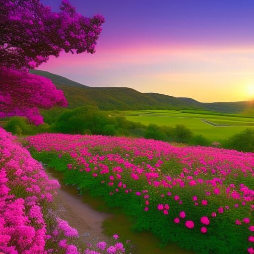 Pink Flower Park at Sunset in a Fantasy World
