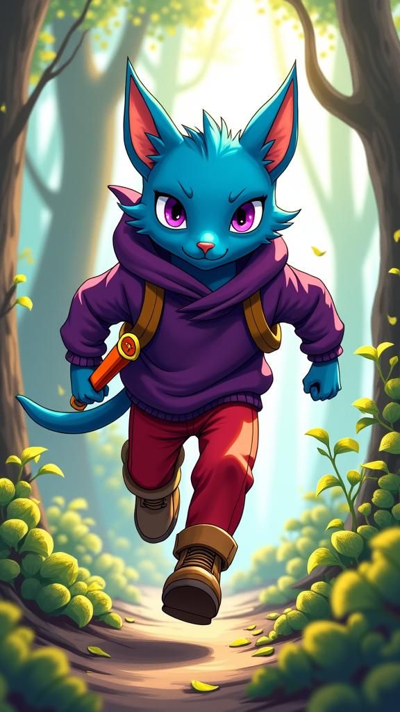 Blue Cat-Boy Hero in Manga Style