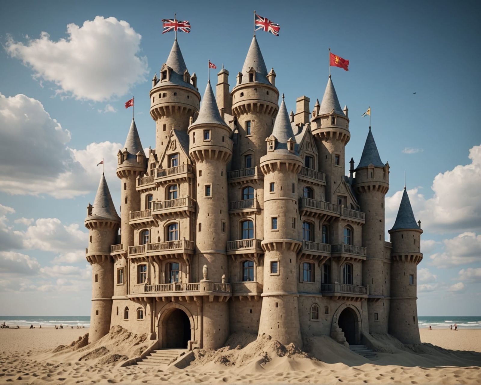 Detailed Sandcastle with Turrets and Flags in HDR
