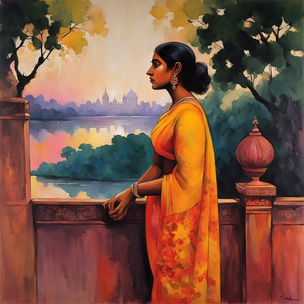 Indian Goddess in Serene Sunset Landscape