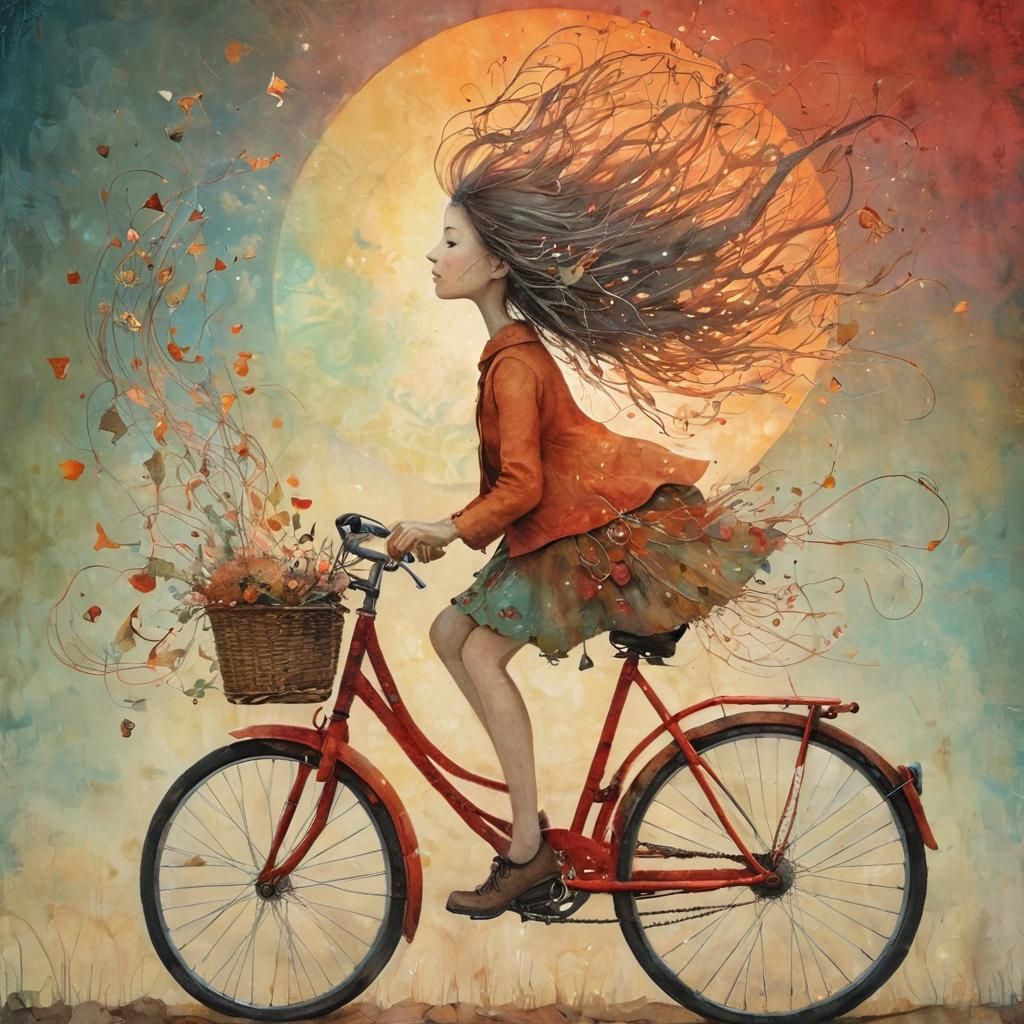 Whimsical Fairy on Bicycle Amidst Autumn Splendor