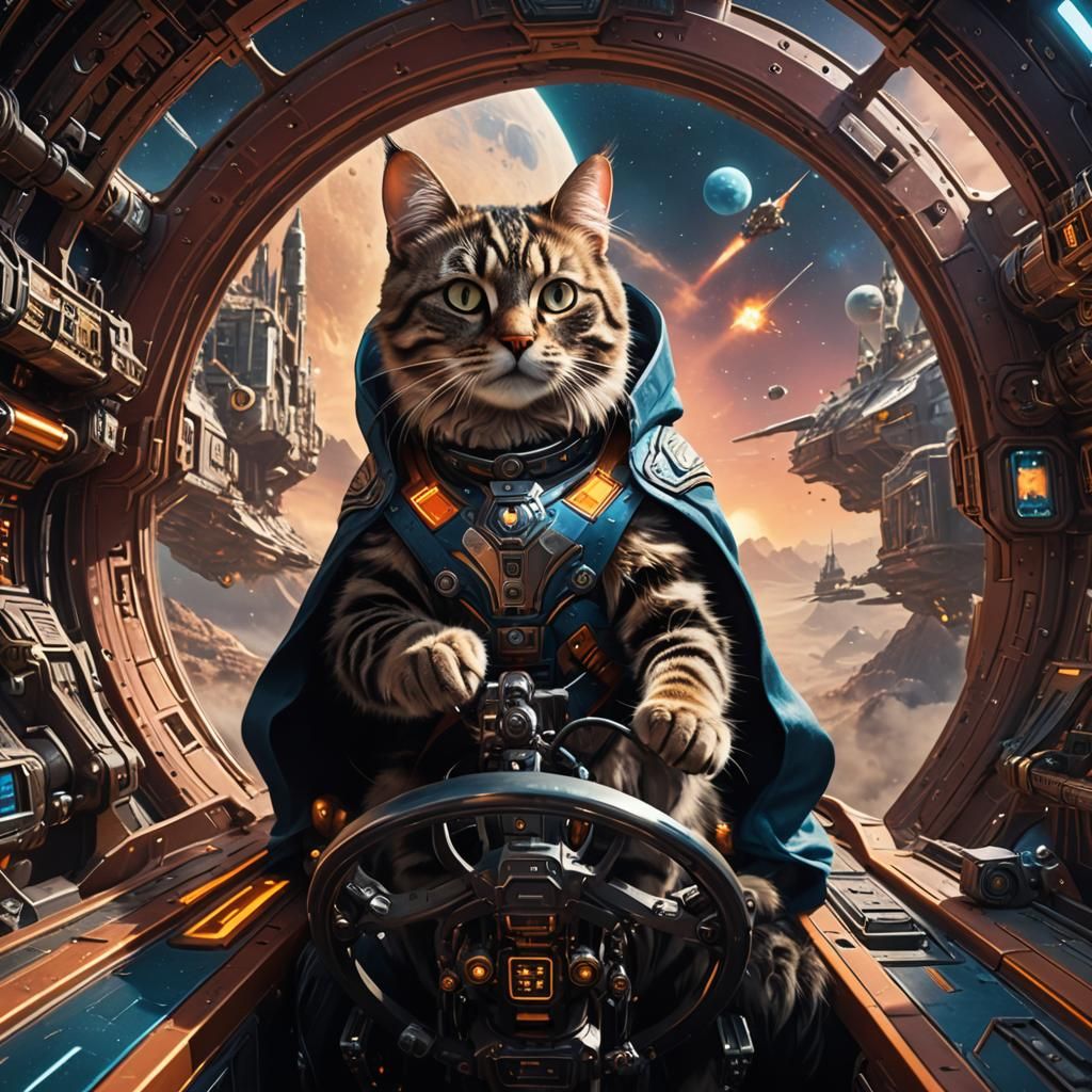 Cat Piloting Spaceship: Detailed Matte Painting