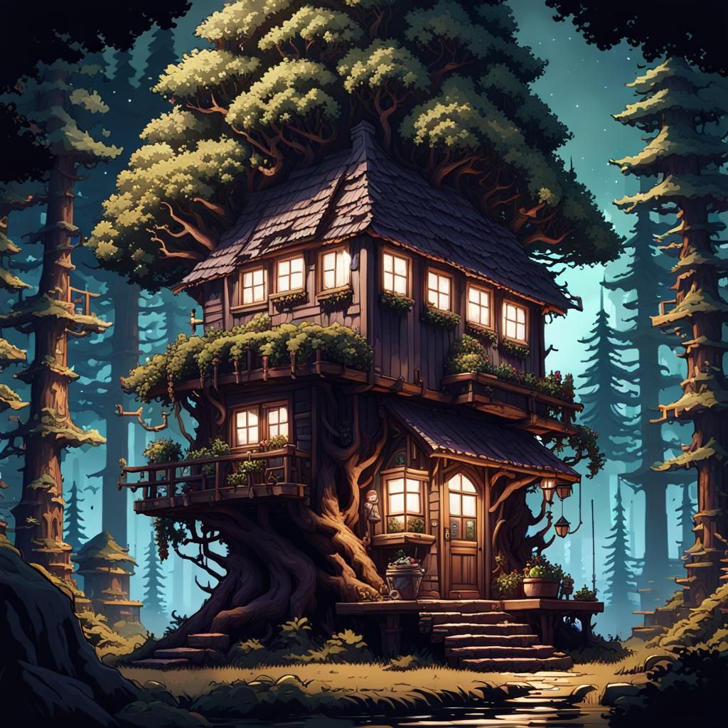 8-Bit Treehouse in Dark Fantasy Forest