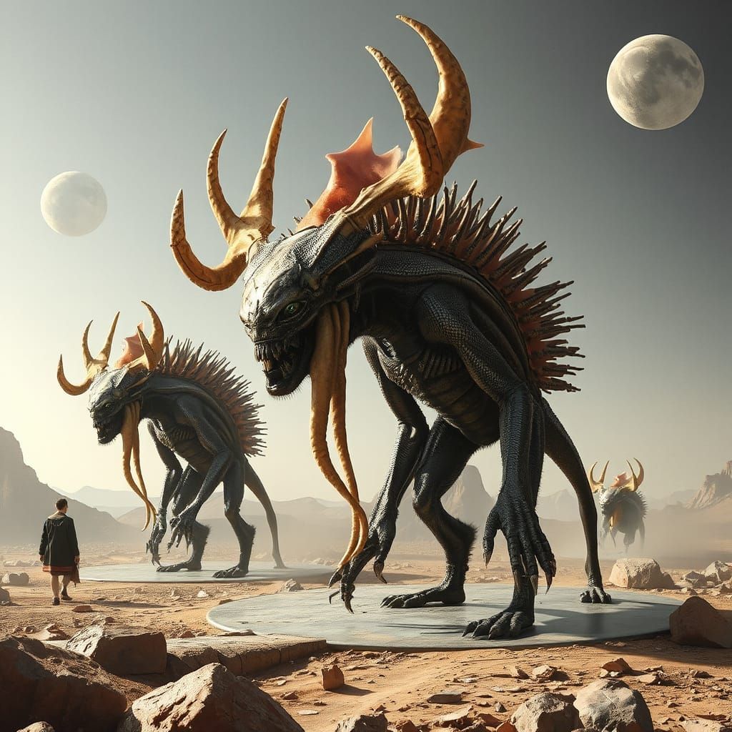 Alien Exoplanet Landscape with Hybrid Creatures