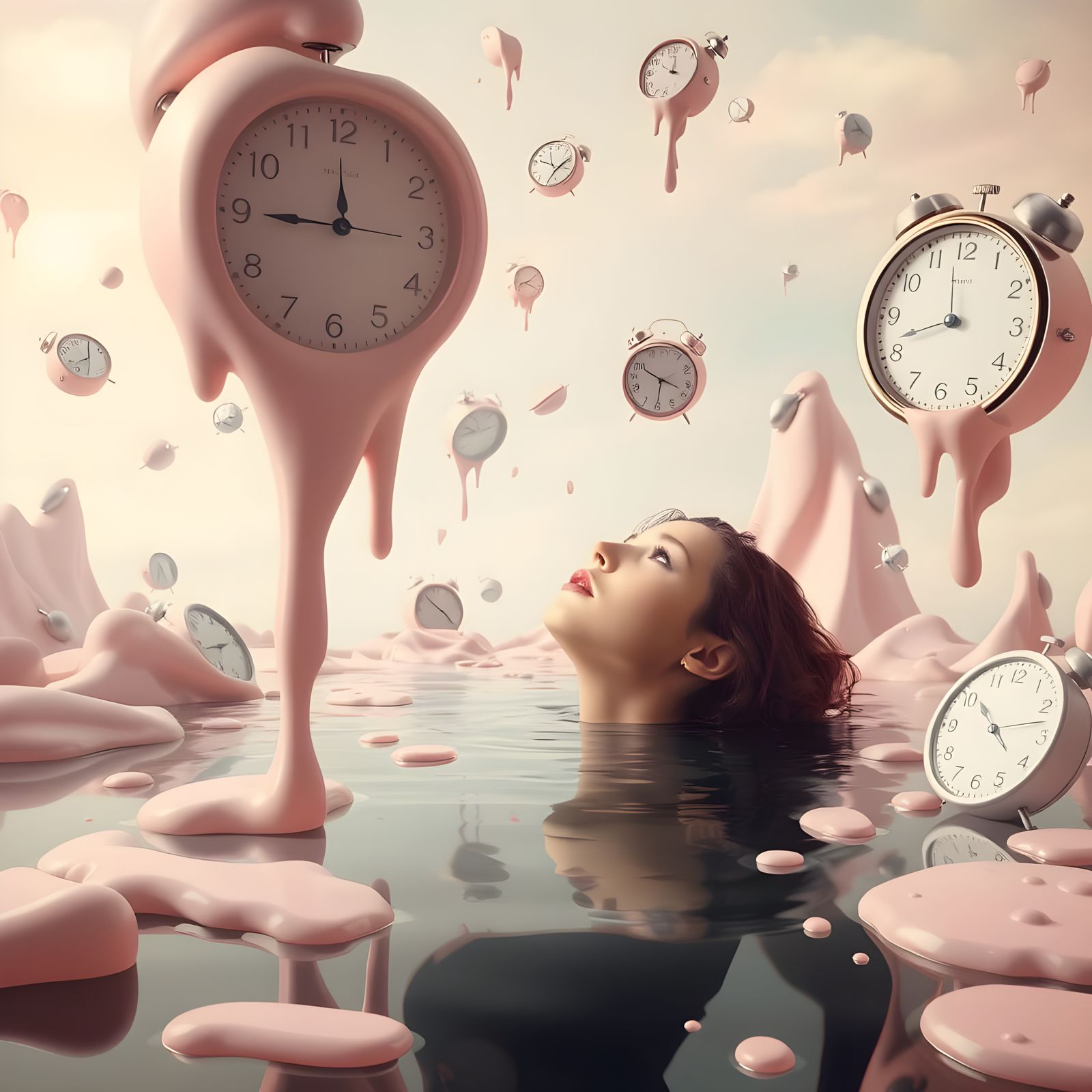 Dreamlike Surrealist Scene with Floating Objects and Melting...