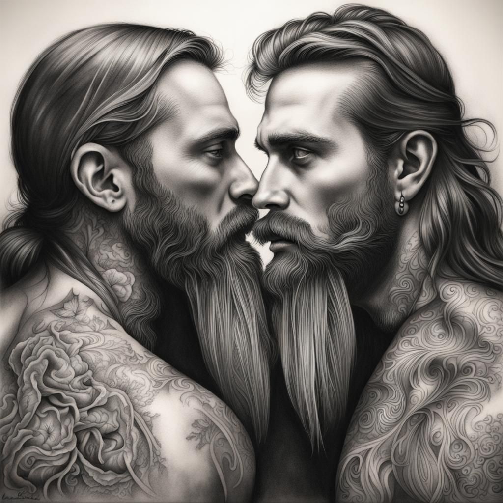 Detailed Charcoal Tattoo Design: Kissing Bearded Men
