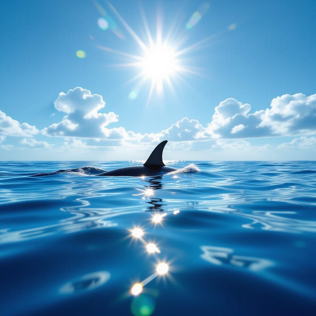 Whale Dorsal Fin Slices Calm Ocean Water in Cinematic Style