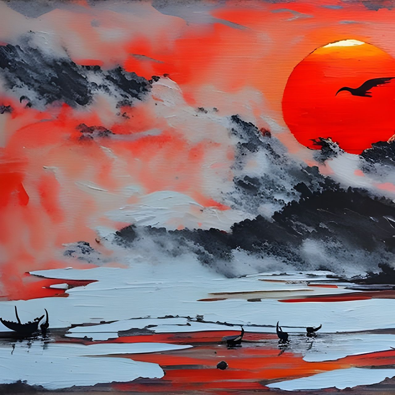 Japanese Cranes Painting in Dramatic Realism Style